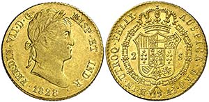 1828. Fernando VII. Madrid. AJ. 2 escudos. ... 