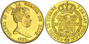 1836. Isabel II. Barcelona. PS. 80 reales. ... 