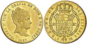 1837. Isabel II. Sevilla. DR. 80 reales. ... 