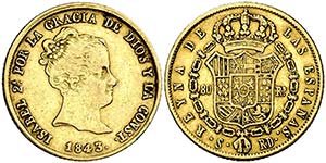 1843. Isabel II. Sevilla. RD. 80 reales. ... 