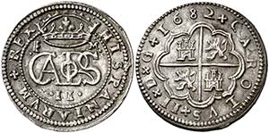 1682. Carlos II. Segovia. M. 2 reales. (Cal. ... 