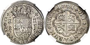 1721. Felipe V. Sevilla. J. 2 reales. (Cal. ... 