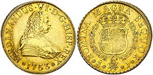1753. Fernando VI. Santiago. J. 8 escudos. ... 
