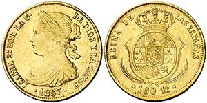 1857. Isabel II. Barcelona. 100 reales. ... 