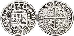 1737. Felipe V. Sevilla. PJ. 2 reales. (Cal. ... 