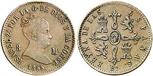 1855. Isabel II. Barcelona. 8 maravedís. ... 