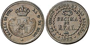 1853. Isabel II. Segovia. 1 décima de real. ... 