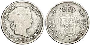 1868. Isabel II. Manila. 10 centavos. (Cal. ... 