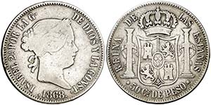 1868. Isabel II. Manila. 50 centavos. (Cal. ... 