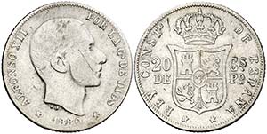 1880. Alfonso XII. Manila. 20 centavos. ... 