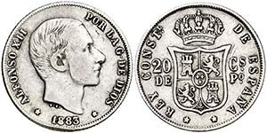 1883. Alfonso XII. Manila. 20 centavos. ... 