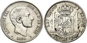 1880. Alfonso XII. Manila. 50 centavos. ... 