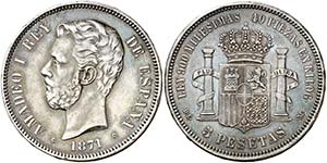 1871*1874. Amadeo I. DEM. 5 pesetas. (Cal. ... 