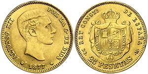 1877. Alfonso XII. DEM. 25 pesetas. (Barrera ... 