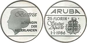 1986. Aruba. 25 florines. (Kr. 7). 25 g. AG. ... 