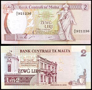1967 (1989). Malta. Banco Central. 2 liras. ... 