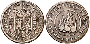 1718. Felipe V. Barcelona. 4 maravedís. ... 