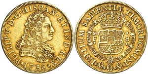 1736. Felipe V. México. MF. 8 escudos. ... 