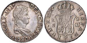 1820. Fernando VII. Sevilla. CJ. 2 reales. ... 
