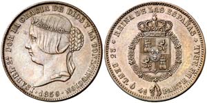1859. Isabel II. 25 céntimos o 1/4 parte de ... 
