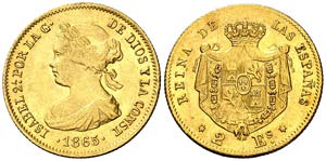1865. Isabel II. Madrid. 2 escudos. (Cal. ... 
