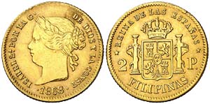 1868. Isabel II. Manila. 2 pesos. (Cal. ... 