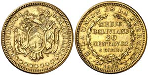 1902. Bolivia. 1/2 boliviano / 20 centavos. ... 