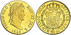1829. Fernando VII. Madrid. AJ. 2 escudos. ... 