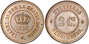 1859. Isabel II. Manila. 2 centavos. (AC. ... 