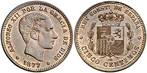 1877. Alfonso XII. Barcelona. . 5 céntimos. ... 