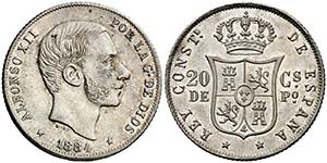 1884. Alfonso XII. Manila. 20 centavos. (AC. ... 