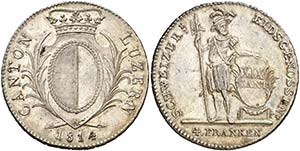 1814. Suiza. Lucerna. 4 francos. (Kr. 109). ... 