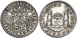 1735/4. Felipe V. México. MF. 2 reales. ... 