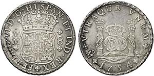 1754. Fernando VI. México. MM/MF. 8 reales. ... 