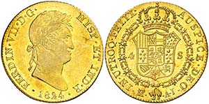 1824. Fernando VII. Madrid. AJ. 4 escudos. ... 