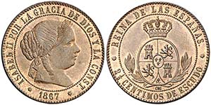 1867. Isabel II. Sevilla. . 2 1/2 céntimos ... 