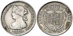 1865. Isabel II. Madrid. 4 escudos. (Barrera ... 