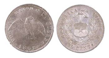 1862 y 1873. Chile. 20 centavos. Lote de 2 ... 