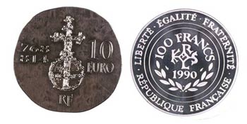 1990 y 2011. Francia. 15 ecus / 100 francos ... 