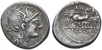(hacia 111-110 a.C.). Gens Claudia. Denario. ... 