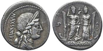 (hacia 75 a.C.). Gens Egnatia. Denario. ... 