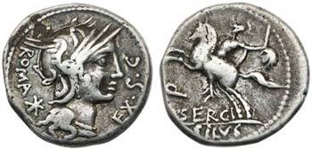(hacia 116-115 a.C.). Gens Sergia. Denario. ... 