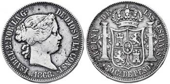 1868. Isabel II. Manila. 50 centavos. (AC. ... 