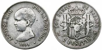 1891*--91. Alfonso XIII. PGM. 2 pesetas. ... 