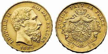 1882. Bélgica. Leopoldo II. 20 francos. ... 