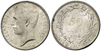 1914. Bélgica. Alberto I. 50 céntimos. ... 