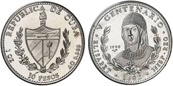 1990 Cuba. 10 pesos. (Kr. 264). 31,15 g. AG. ... 