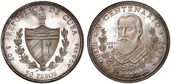 1991. Cuba. 50 pesos. (Kr. 433). 155,74 g. ... 