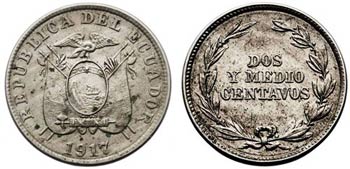 1917. Ecuador. 2 1/2 centavos. (Kr. 61). ... 