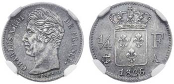 1826. Francia. Carlos X. 1/4 franco. (Kr. ... 